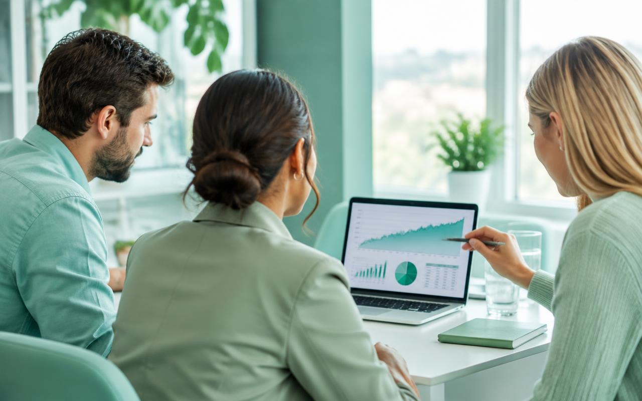 Equipo de finanzas revisando reportes en una laptop