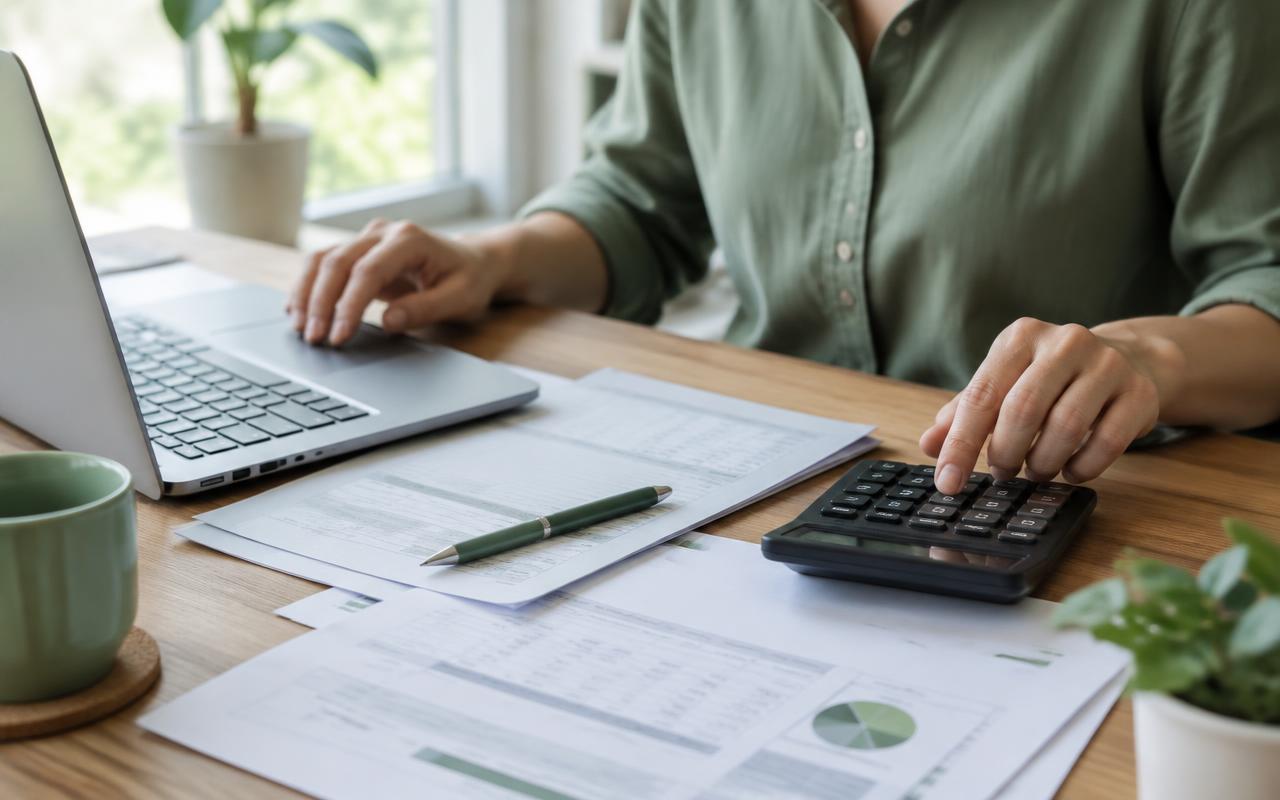 Escritorio con facturas, calculadora y laptop