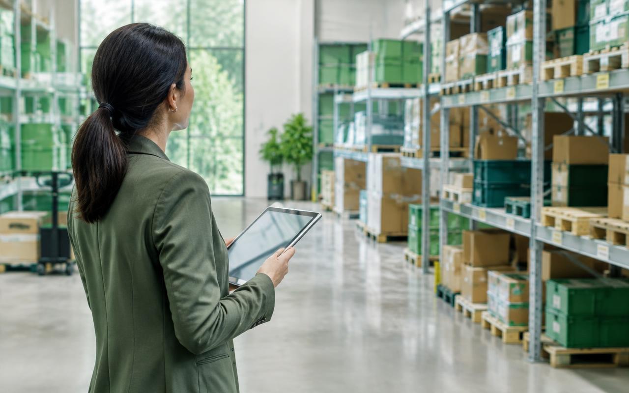 Responsable de compras con tableta en un almacén