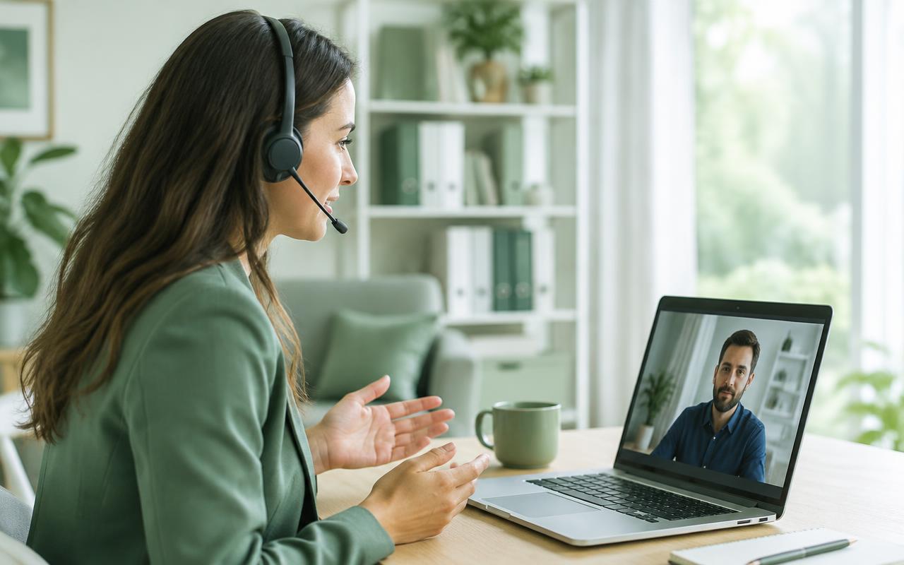 Consultora con audífonos atendiendo una videollamada
